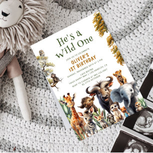 Cute Tropical Jungle Safari Wild One 1st Birthday Invitation