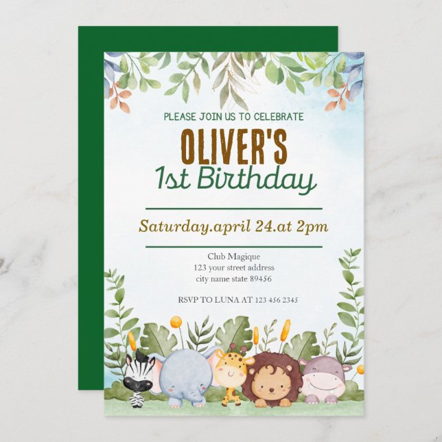 Cute Tropical Jungle Safari Wild One 1st Birthday Invitation (Front/Back)