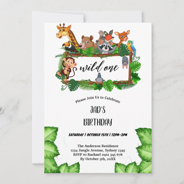 Cute Tropical Jungle Safari Wild One 1st  Invitation (Front)