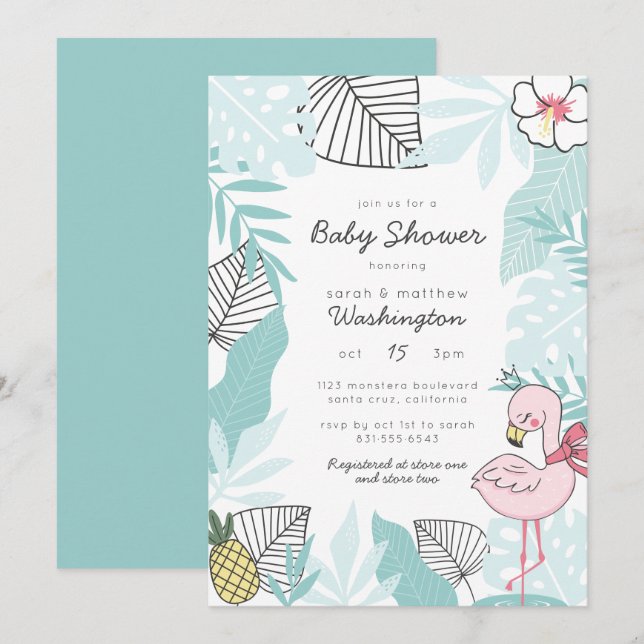 Cute Tropical Leaves | Flamingo Baby Shower Invitation (Front/Back)