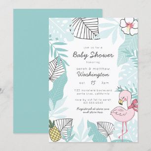 Cute Tropical Leaves   Flamingo Baby Shower Invitation
