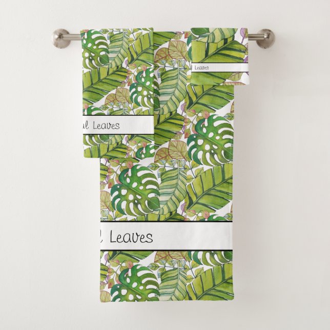 Cute Tropical Leaves In Watercolor Bath Towel Set (Insitu)