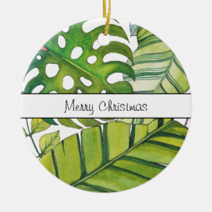 Cute Tropical Leaves In Watercolor Ceramic Ornament