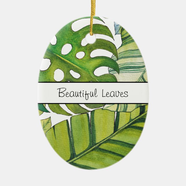 Cute Tropical Leaves In Watercolor Ceramic Ornament (Front)