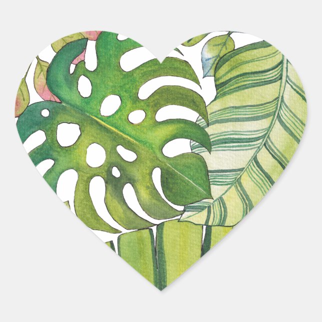 Cute Tropical Leaves In Watercolor Heart Sticker (Front)