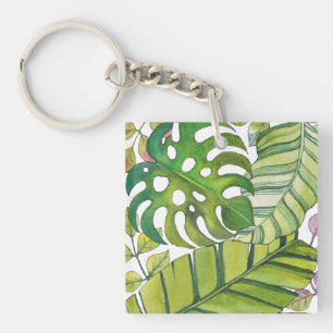 Cute Tropical Leaves In Watercolor Key Ring