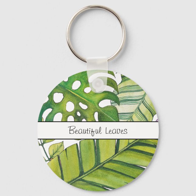 Cute Tropical Leaves In Watercolor Key Ring (Front)