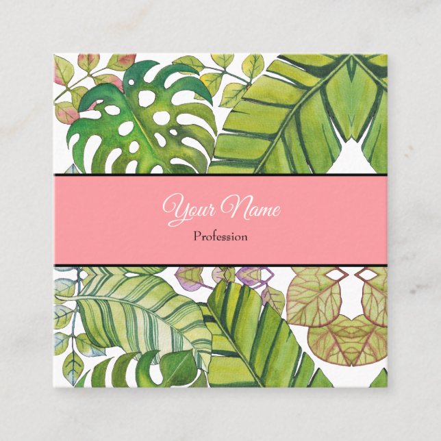 Cute Tropical Leaves In Watercolor Square Business Card (Front)