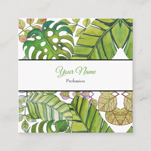 Cute Tropical Leaves In Watercolor Square Business Card (Front)