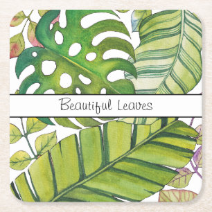 Cute Tropical Leaves In Watercolor Square Paper Coaster