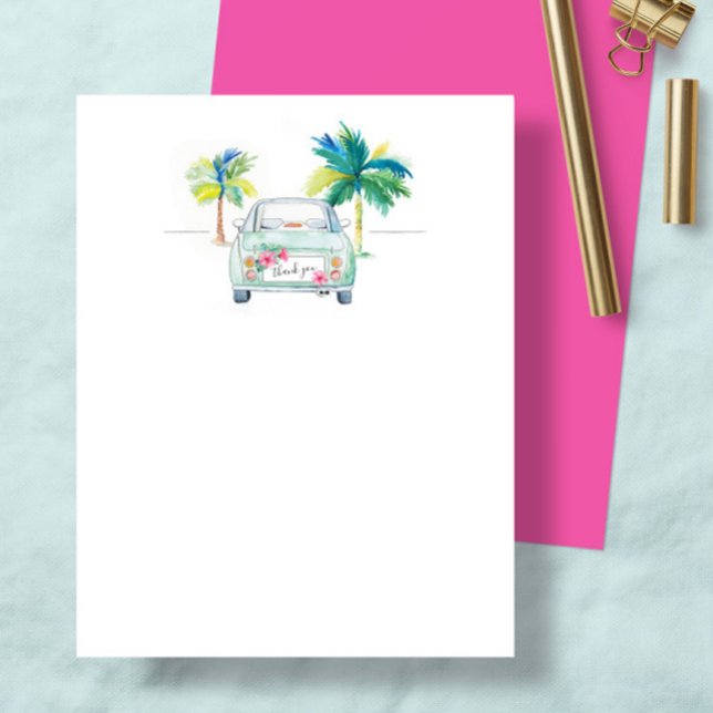 Cute Tropical Palm Tree & Car Watercolor Thank You (Thank you notecard watercolor tropical palm tree and car art by Victoria Grigaliunas Do Tell A Belle)
