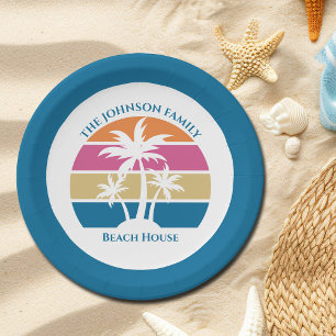 Cute Tropical Palm Tree Custom Blue Beach Party Paper Plate