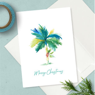 Cute Tropical Palm Tree Watercolor Beach Christmas Card
