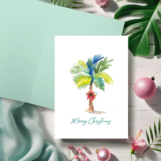 Cute Tropical Palm Trees Watercolor Christmas Card (Merry Christmas wishes watercolor tropical palm tree art by Victoria Grigaliunas Do Tell A Belle)