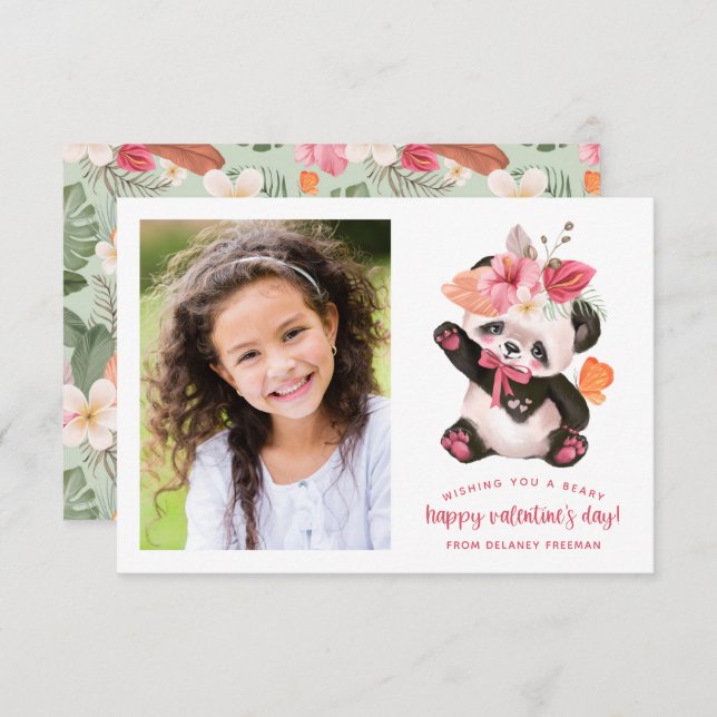 Cute Tropical Panda Kids Photo Valentine Card (Front/Back)