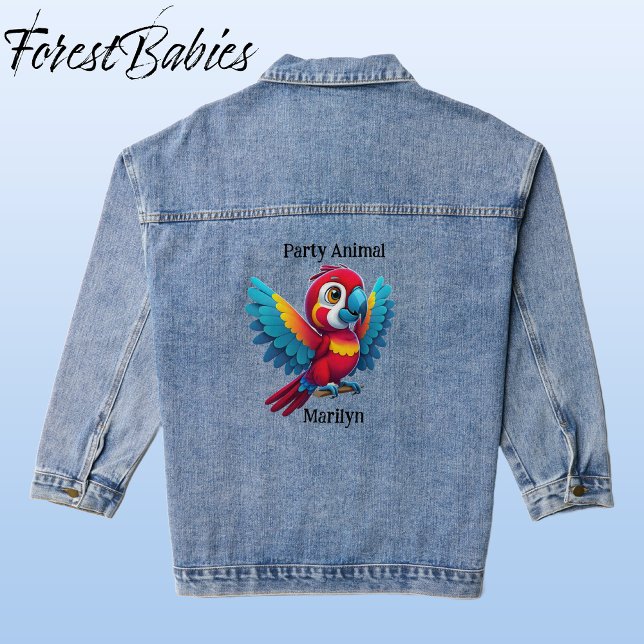 Cute tropical party animal baby Macaw parrot bird  Denim Jacket (Macaw, Blue Denim ForestBabies Jacket - Back)