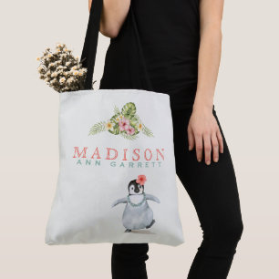 Cute Tropical Penguin Pink Add Name Baby Tote Bag