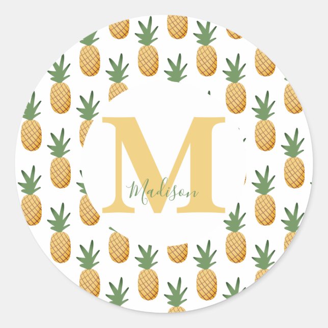 Cute Tropical Pineapple Monogram  Classic Round St Classic Round Sticker (Front)