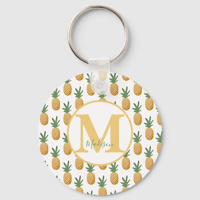 Cute Tropical Pineapple Monogram  Keychain (Front)
