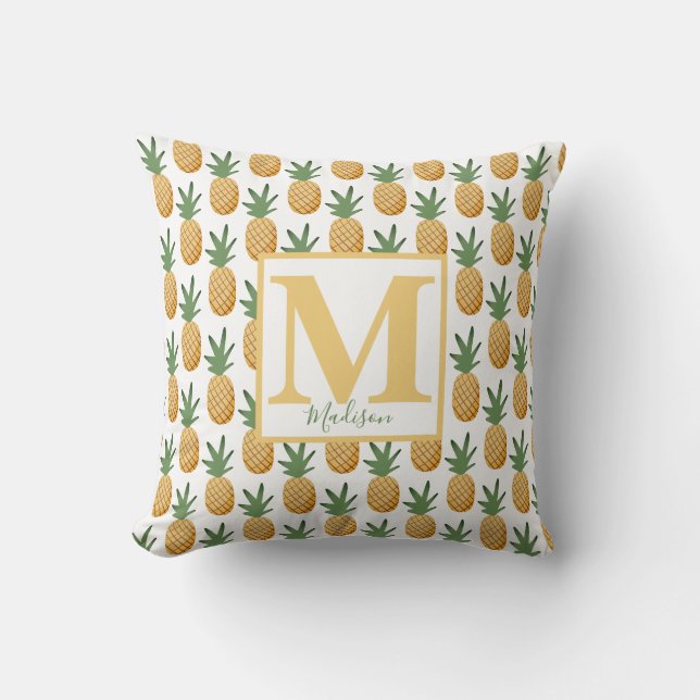 Cute Tropical Pineapple Monogram Name  Throw Pillo Cushion (Front)