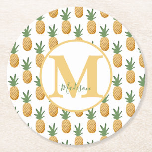 Cute Tropical Pineapple Monogram  Round Paper Coas Coaster
