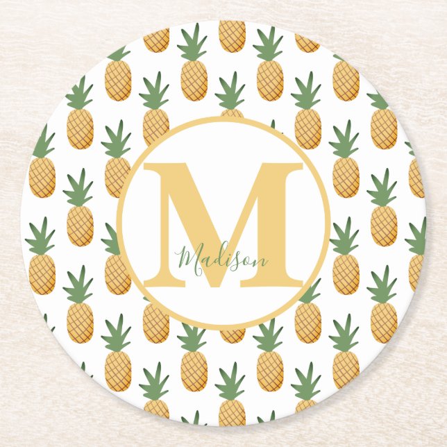 Cute Tropical Pineapple Monogram Round Paper Coaster (Front)