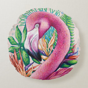 Cute Tropical Pink Flamingo Round Pillow
