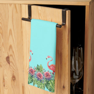 Cute Tropical Pink Flamingos on Teal Background Tea Towel