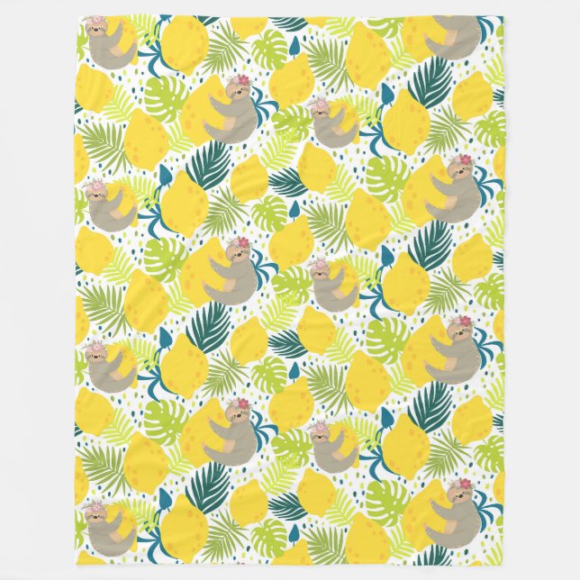 Cute Tropical Sloths Fleece Blanket (Front)