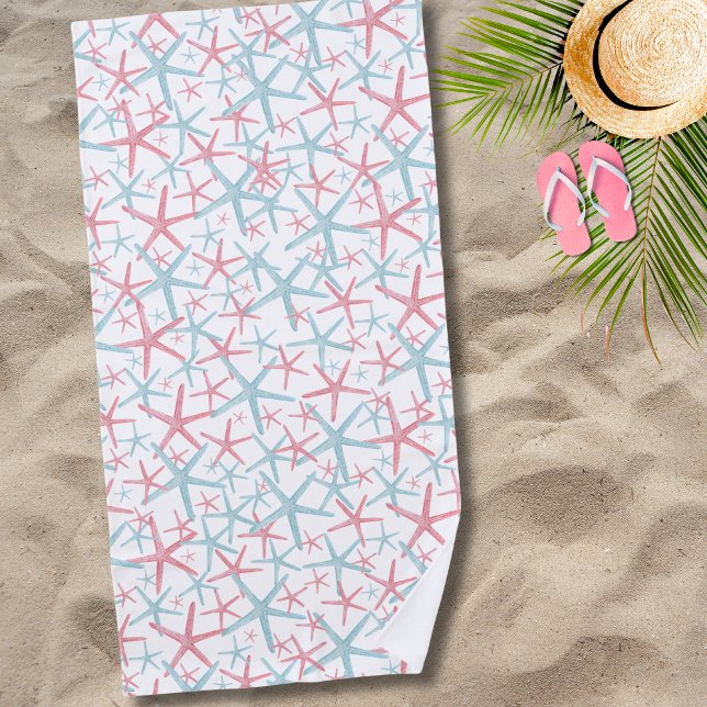 Cute Tropical Summer Beach Beach Towel (Teal Pink Nautical Tropical Starfish Summer Beach Beach Towel)