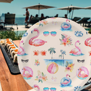 Cute Tropical Summer Watercolor Pattern Paper Plate