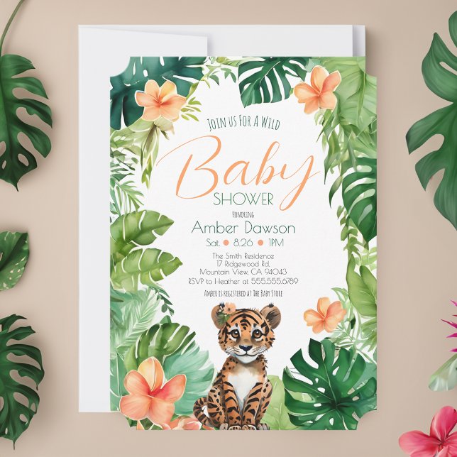 Cute Tropical Tiger for Girl's Jungle Baby Shower Invitation (Creator Uploaded)