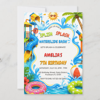 Cute Tropical Water Park Pool Party Birthday Invitation