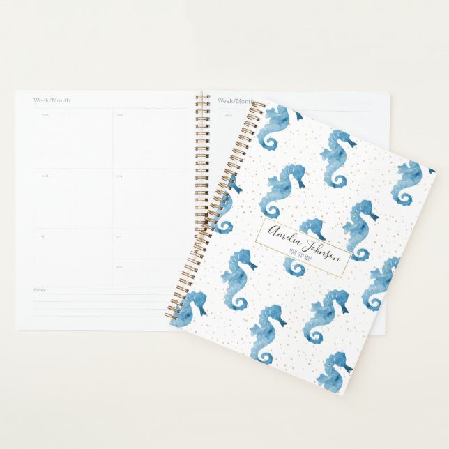 Cute Tropical Watercolor Seahorse Gold Sparkles Planner (Display)