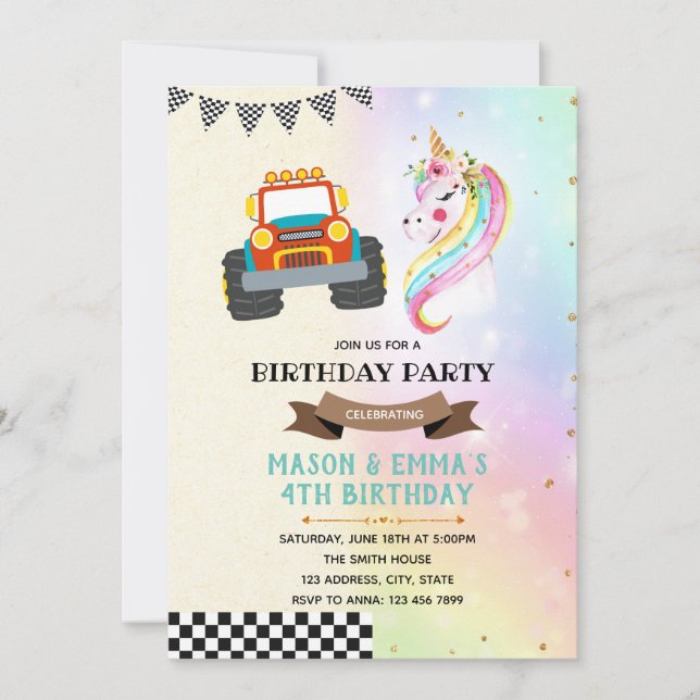 Cute truck and unicorn party invitation (Front)