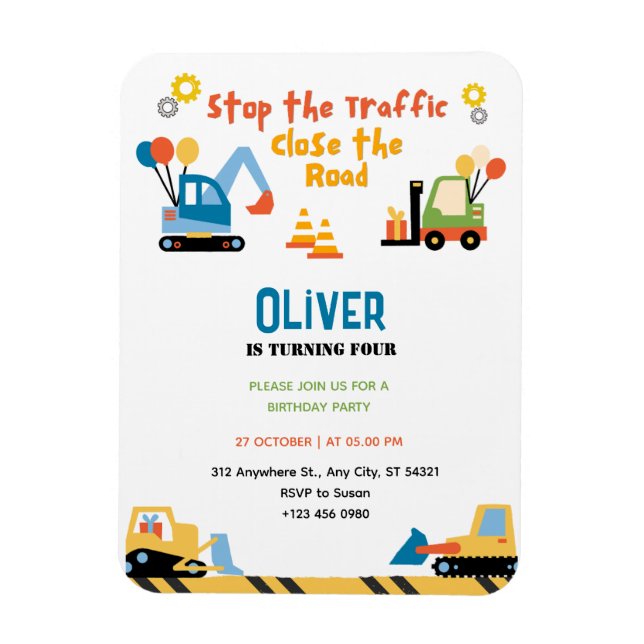 Cute Truck Construction Birthday Party Invitation Magnet (Vertical)