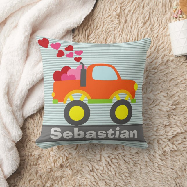 Cute Truck Hearts Orange Boys Bedroom Cushion (Blanket)