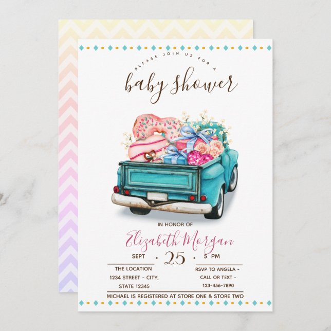 Cute Truck Sweets Zigzag Baby Shower Invitation (Front/Back)