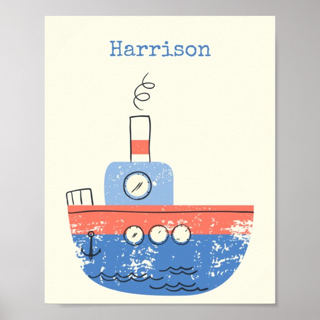 Cute Tug Boat Red Blue Illustration Name Custom Poster (Front)