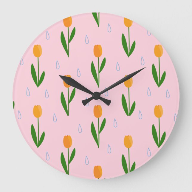 Cute Tulip Flower with Raindrop Pattern Large Clock (Front)