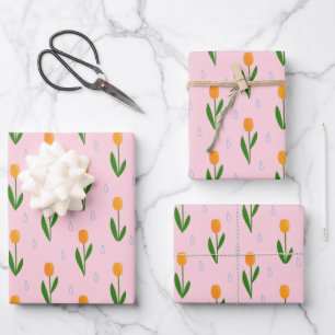 Cute Tulip Flower with Raindrop Pattern Wrapping Paper Sheet