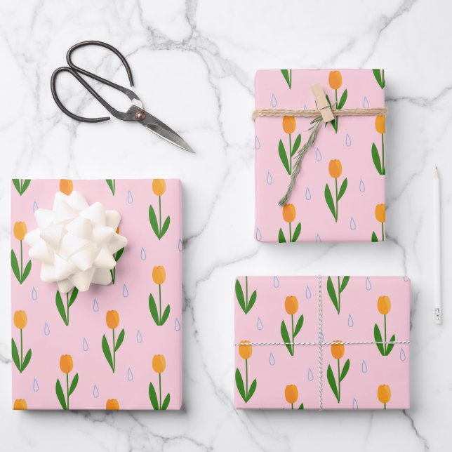 Cute Tulip Flower with Raindrop Pattern Wrapping Paper Sheet (Front)