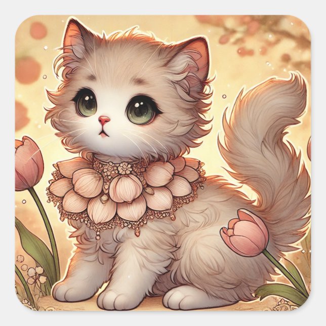 Cute Tulip Princess Cat Square Sticker (Front)