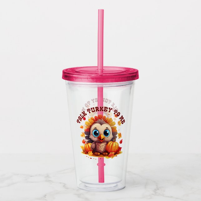 Cute Turkey and Autumn Foliage Acrylic Tumbler (Front)