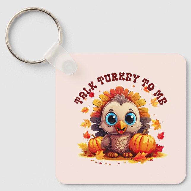 Cute Turkey and Autumn Foliage Key Ring (Front)