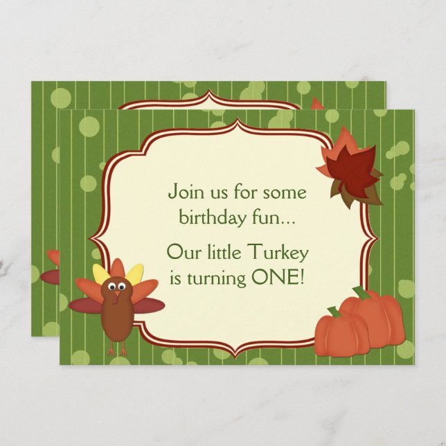 Cute Turkey and Pumpkins Thanksgiving 1st Birthday Invitation (Front/Back)