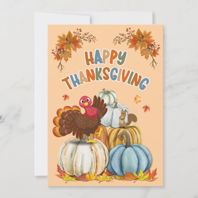 Cute Turkey and Retro Pumpkins Happy Thanksgiving Holiday Card (Front)