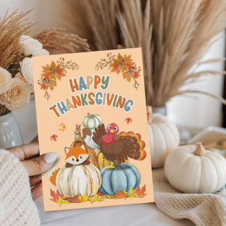 Cute Turkey and Retro Pumpkins Happy Thanksgiving  Holiday Card