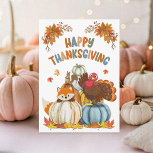 Cute Turkey and Retro Pumpkins Happy Thanksgiving Holiday Card