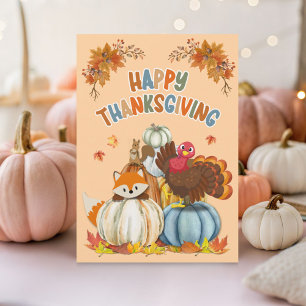 Cute Turkey and Retro Pumpkins Happy Thanksgiving Holiday Card